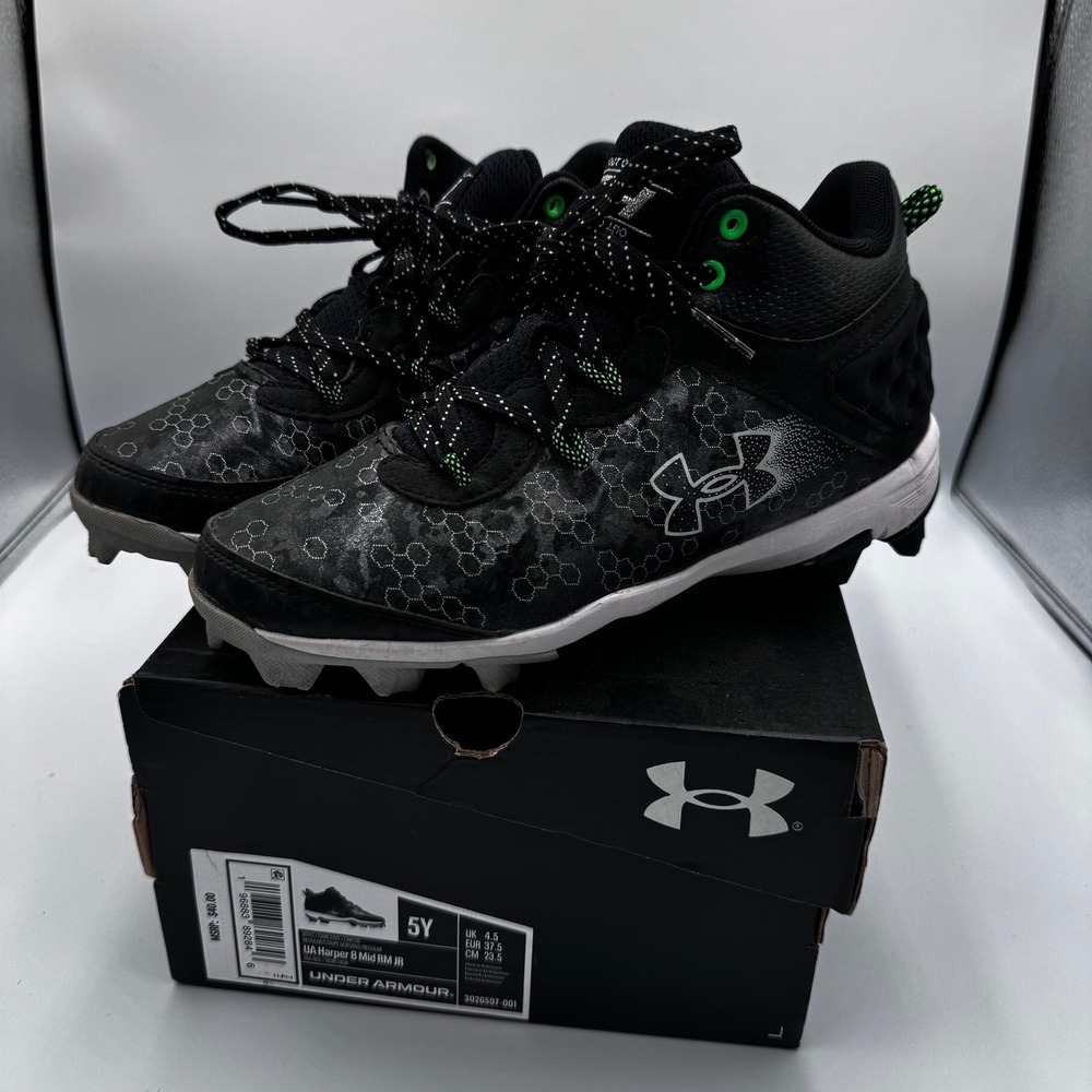Under Armour Harper 8 Mid RM JR Baseball Cleats Black Green Youth 5Y